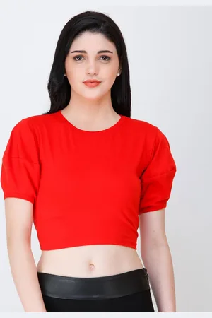 Cation Red Puff Sleeves Fitted Cotton Crop Top