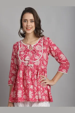 Rajnandini Floral Print Tie-Up Neck A-Line Cotton Top