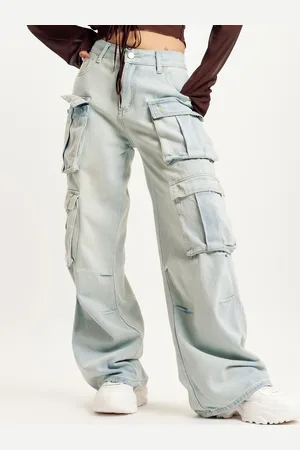 FREAKINS Women Wide Leg High-Rise Clean Look Pure Cotton Cargo Jeans