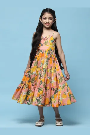 Biba Girls Floral Print Shoulder Straps Tiered Cotton Fit & Flare Midi Dress