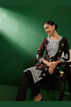 Sangria Brown Floral Embroidered Thread Work Kurta & Trousers