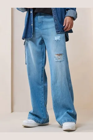 Bewakoof Straight Fit High-Rise Mildly Distressed Light Fade Organic Cotton Baggy Jeans