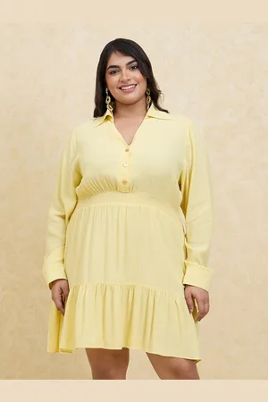 20Dresses Plus Size Yellow Shirt Collar Gathered Detailed Fit & Flare Dress