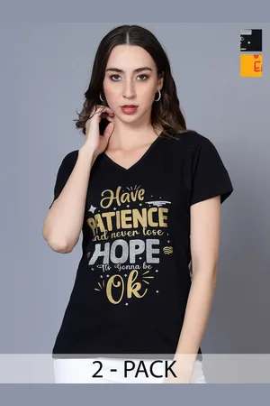 Fleximaa Women Typography 2 Printed V-Neck Pure Cotton T-shirt