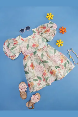 Pantaloons Girls Floral Printed Flutter Sleeve Fit & Flare Dress