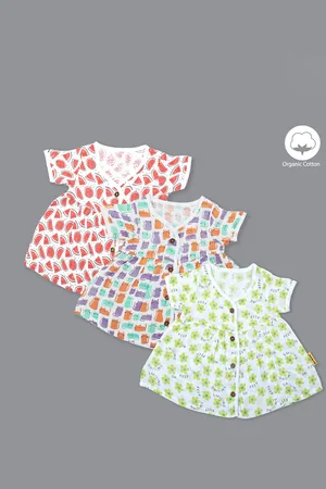 Born Kids Pack Of 3 Abstract Printed Flared Sleeve Organic Cotton Fit & Flare Dress