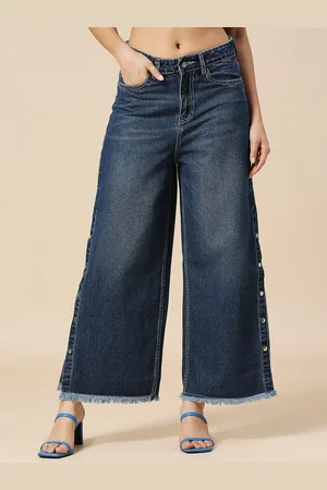 HJ HASASI Women Wide Leg High-Rise Slits Light Fade Jeans