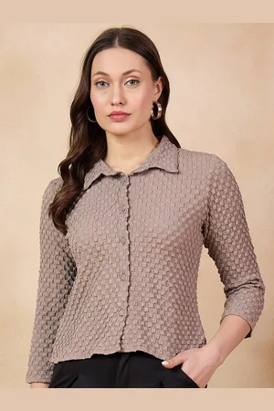 all about you Camel Brown Self Design Shirt Style Top