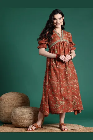 Sangria Floral Print A-Line Midi Ethnic Dress