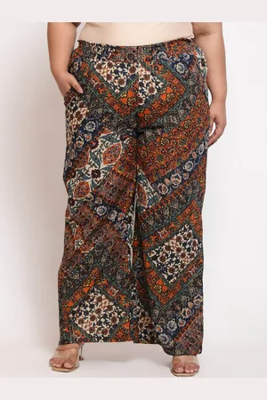 Amydus Women Plus Size Floral Printed Cotton High-Rise Trousers