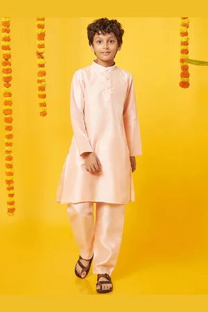 BonOrganik Boys Band Collar Pure Silk Straight Kurta with Pyjamas
