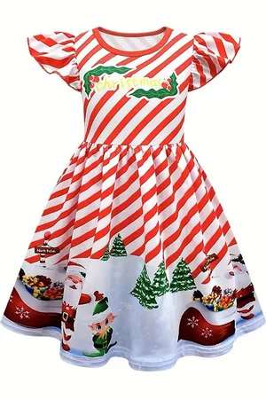 Stylecast Girls Red Striped Flutter Sleeves Gathered Detailed Fit & Flare Dress