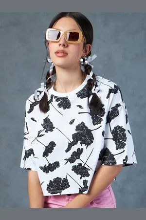 Bewakoof Floral Printed Drop-Shoulder Sleeves Oversized Crop T-shirt