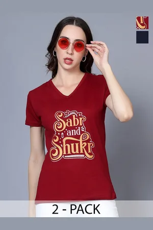 Fleximaa Women Typography 2 Printed V-Neck Pure Cotton Applique T-shirt