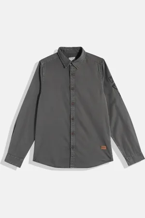 Roadster Boys Charcoal Grey Solid Opaque Pure Cotton Denim Shirt With Applique