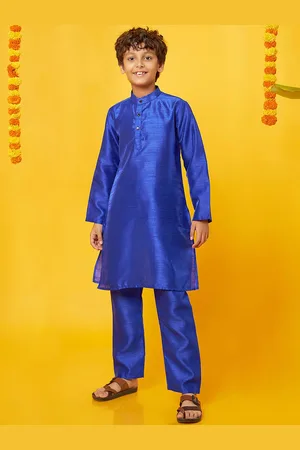 BonOrganik Boys Band Collar Pure Silk Straight Kurta with Pyjamas