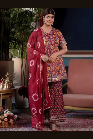 Celebravo Floral Printed Pleated Gotta Patti Pure Cotton Kurti With Sharara & Dupatta