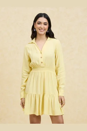 20Dresses Yellow Shirt Collar Full Sleeves Fit and Flare Short Dress