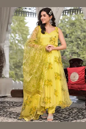 Divena World Floral Printed Organza Empire Anarkali Kurta with Trousers & With Dupatta