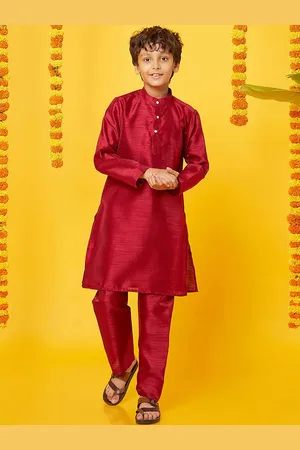 BonOrganik Boys Band Collar Pure Silk Straight Kurta with Pyjamas