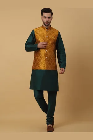 Kraft Mandarin Collar Straight Kurta and Churidar With Jacquard Floral Nehru Jacket