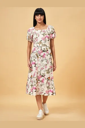 Pantaloons Floral Printed Round Neck Short Sleeves Cotton A-Line Midi Dress