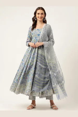 Divena World Floral Printed Gotta Patti Pure Cotton Anarkali Kurta With Trouser & Dupatta