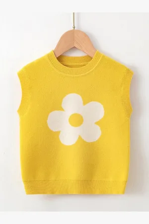 Stylecast Yellow Girls Floral Printed Sleeveless Ribbed Sweater Vest
