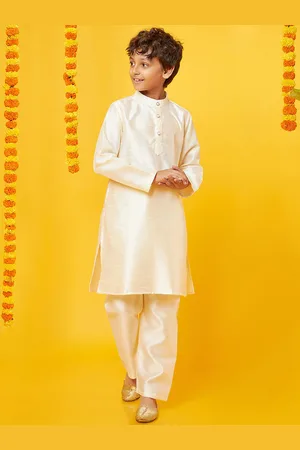 BonOrganik Boys Band Collar Pure Silk Straight Kurta with Pyjamas