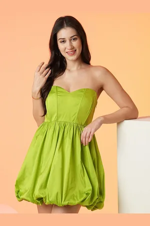 Globus Women Lime Green Strapless Sweetheart Neck Panelled Balloon Party Dress