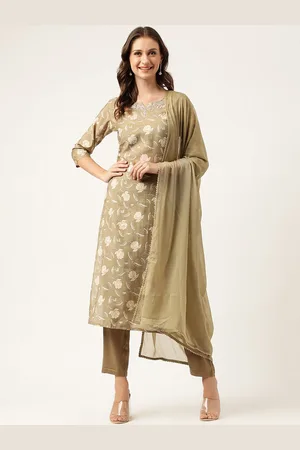 Divena World Floral Printed Pure Cotton Beads & Stones Straight Kurta with Trouser & Dupatta