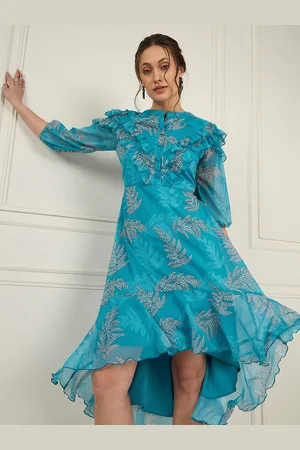 Antheaa Floral Printed Puff Sleeves Ruffled High Low Chiffon A-Line Maxi Dress