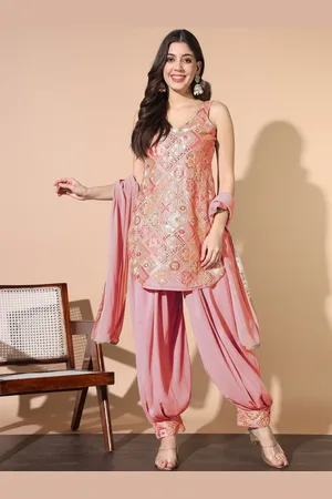Chhabra 555 Floral Embroidered V-Neck Sleeveless Pathani Kurti With Salwar & Dupatta