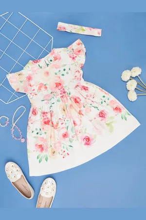 Pantaloons Kids-Girls Floral Printed Flutter Sleeve Fit & Flare Dress