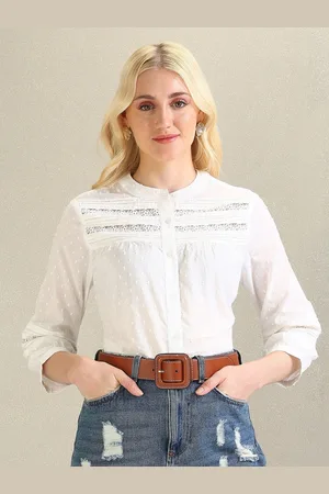 Ralph Lauren Self Design Mandarin Collar Cotton Shirt Style Top
