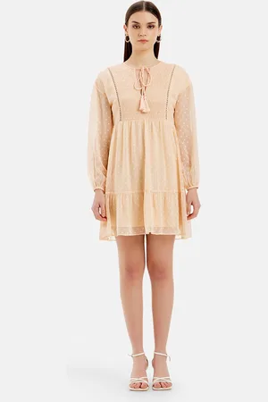 Kazo Self Design Tie-Up Neck Cufed Sleeves Satin Fit & Flare Dress