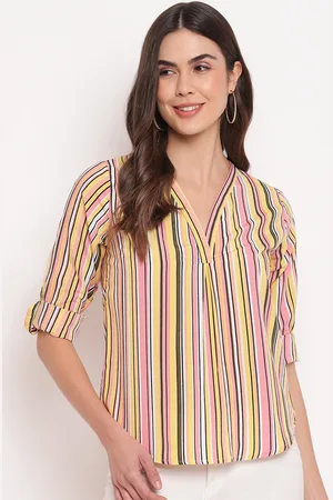 Mayra Women Yellow & Pink Striped Shirt Style Top