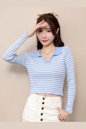 Stylecast Blue Teen Girls Horizontal Striped Shirt Collar Fitted Crop Top