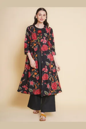 Bhama Couture Floral Embroidered A-Line Organic Cotton Kurta with Palazzos & Jacket