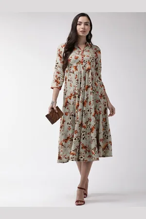 all about you Taupe & Orange Floral Printed A-Line Midi Dress