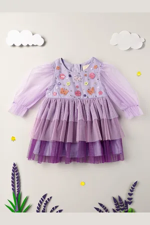 Nauti Nati Infant Girls Colourblocked Puff Sleeve Layered Net Fit & Flare Dress