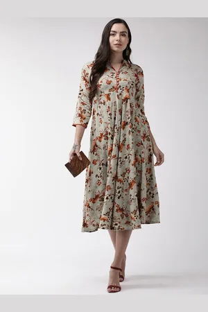 all about you Taupe & Orange Floral Printed A-Line Midi Dress