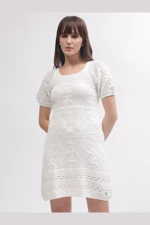 Elle Self Design Puff Sleeves Pure Cotton Sheath Dress