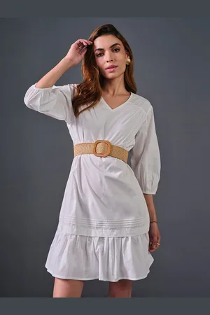 AND V-Neck Cuffed Sleeves Cotton A-Line Dress