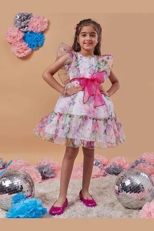 pspeaches Girls Floral Printed Flutter Sleeve Gathered Fit & Flare Dress