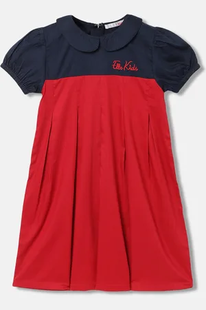Elle Girls Colourblocked Peter Pan Collar Puff Sleeve Pure Cotton A-Line Dress