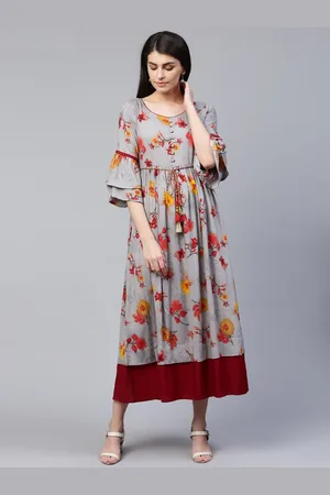 all about you Grey & Red Floral Printed Bell Sleeve Layered Maxi Dress