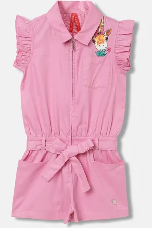 Blue Giraffe Girls Shirt Collar Pure Cotton Playsuit With Belt