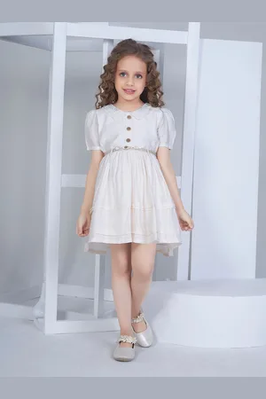 Peppermint Girls Striped Puffed Sleeves Linen Fit & Flare Dress