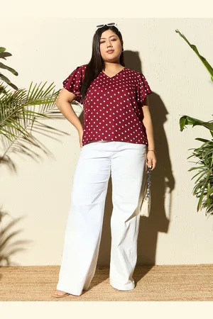 Berrylush Plus Size Red Polka Dots Printed Flared Sleeves Ruffled Top